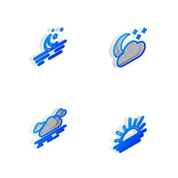 Set Isometric line Cloud with moon and stars, Moon, and Sunset icon. Vector Stock Illustration