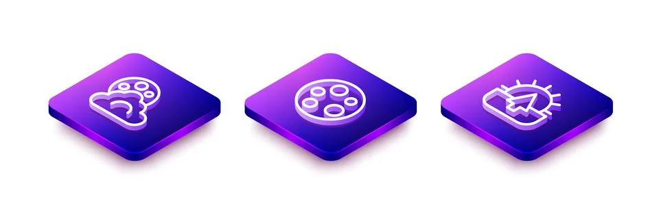 Set Isometric line Cloud with moon, Moon and Sunrise icon. Vector Illustrazione stock