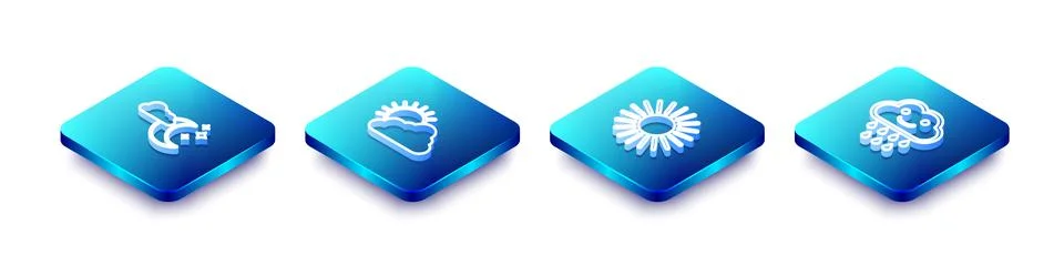 Set Isometric line Cloud with moon and stars, Sun cloud weather,  and rain ic Ilustração Stock