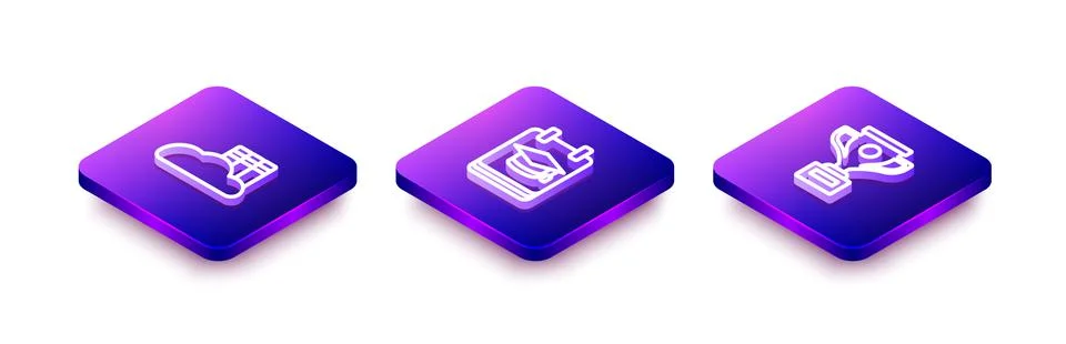 Set Isometric line Cloud or online library, Online education and Award cup icon Stock Illustration
