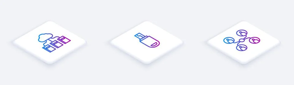 Set Isometric line Cloud or online library, USB flash drive and Online class. Stock Illustration