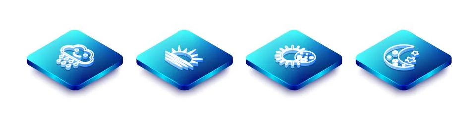 Set Isometric line Cloud with rain, Sunset, Eclipse of the sun and Moon and Ilustração Stock