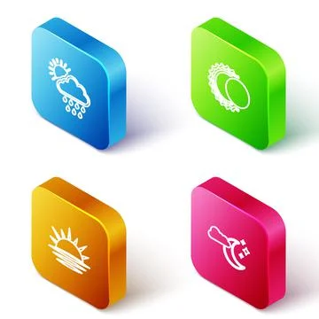 Set Isometric line Cloud with rain and sun, Eclipse of the, Sunset and moon Stock Illustration
