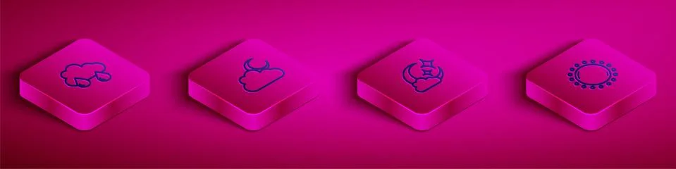 Set Isometric line Cloud with rain, moon, and Sun icon. Vector Ilustração Stock
