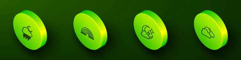 Set Isometric line Cloud with rain and moon, Rainbow, and Sun cloud weather icon Ilustração Stock