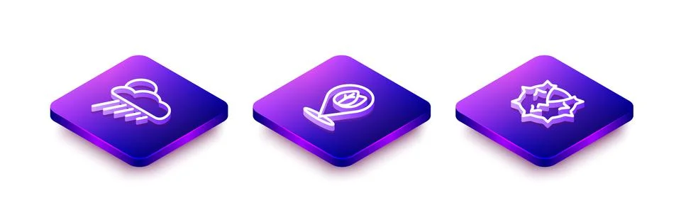 Set Isometric line Cloud with rain and sun, Location leaf and Chestnut icon Stock Illustration