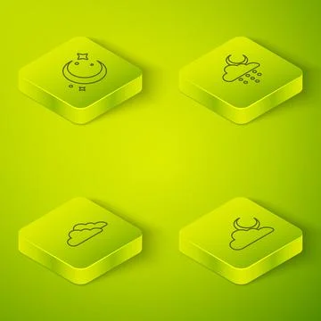 Set Isometric line Cloud with rain and moon, , and Moon stars icon. Vector Stockillustratie