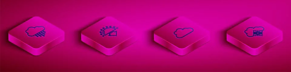 Set Isometric line Cloud with rain, Sunset, and snow icon. Vector Stock Illustration