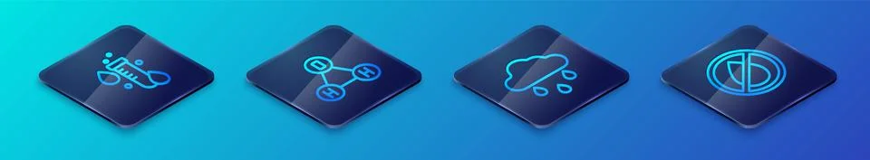 Set Isometric line Cloud with rain, Test tube water drop, Water forbidden and Stock Illustration