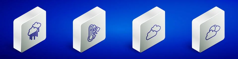 Set Isometric line Cloud with rain, Meteorology thermometer, and Sun and cloud Stock Illustration