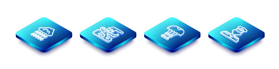 Set Isometric line Cloud with rain, Plane crash, Box flying on parachute an.. Illustrazione stock