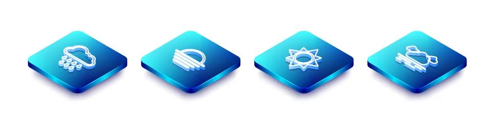 Set Isometric line Cloud with rain, Sunset,  and  icon. Vector Stock Illustration