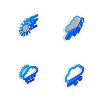 Set Isometric line Cloud with rain and lightning, Fog sun, snow and Windy wea Stock Illustration