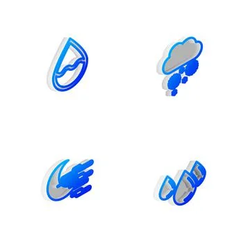 Set Isometric line Cloud with snow, Water drop, Fog and moon and icon. Vector Illustrazione stock