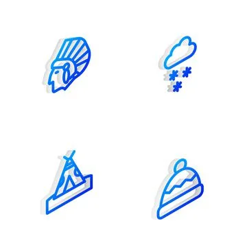 Set Isometric line Cloud with snow, Native American Indian, teepee or wigwam and Stock Illustration