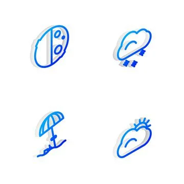 Set Isometric line Cloud with snow, Eclipse of the sun, Sun protective umbrella Ilustração Stock