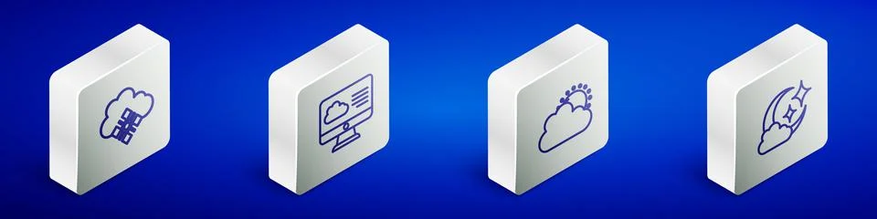 Set Isometric line Cloud with snow, Weather forecast, Sun and cloud weather a Stock Illustration