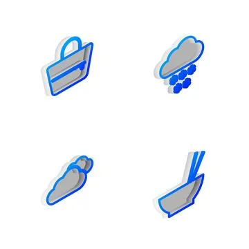 Set Isometric line Cloud with snow, Handbag, and Bowl chopsticks icon. Vector Stock Illustration