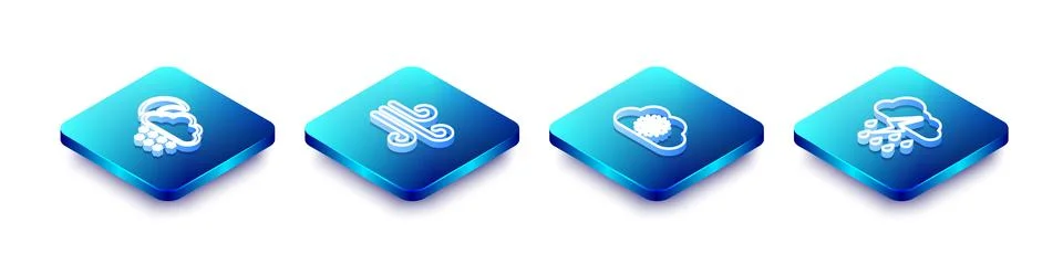 Set Isometric line Cloud with snow and moon, Wind, and rain lightning icon Stock Illustration