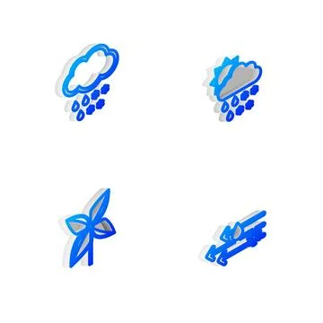 Set Isometric line Cloud with snow, rain, sun, and, Pinwheel and Wind icon. V Stock Illustration