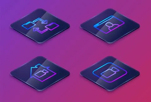 Set Isometric line Cloud storage document folder, Video camera Off in home, chat Illustrazione stock