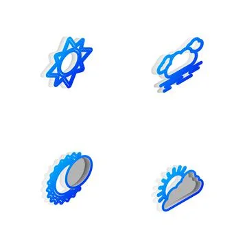 Set Isometric line Cloud, Sun, Eclipse of the sun and and cloud weather icon Stock Illustration