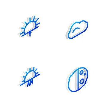 Set Isometric line Cloud, Sunrise,  and Eclipse of the sun icon. Vector Stock Illustration