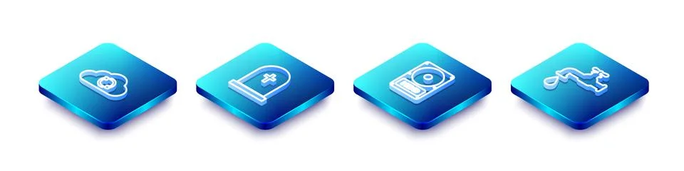 Set Isometric line Cloud sync refresh, Tombstone with cross, Hard disk drive  Stock Illustration