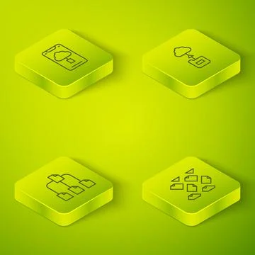 Set Isometric line Cloud technology data transfer, Folder tree, Data stream and Stock Illustration