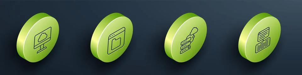 Set Isometric line Cloud technology data transfer, Browser files, Network cloud Illustrazione stock