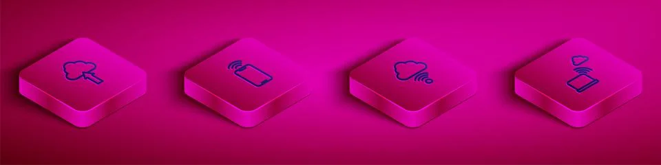 Set Isometric line Cloud upload, Mobile with wi-fi wireless, Network cloud Illustrazione stock