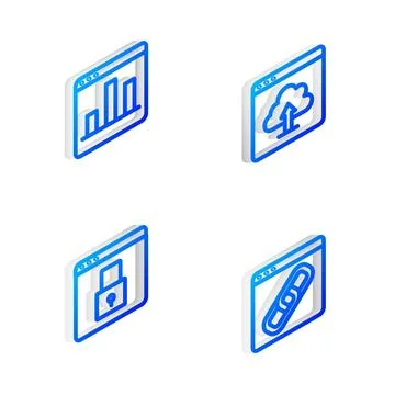 Set Isometric line Cloud upload, Graph chart infographic, Secure your site with Illustrazione stock
