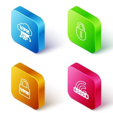 Set Isometric line Cloud VPN interface, Lock, and Wifi locked icon. Vector Stock Illustration