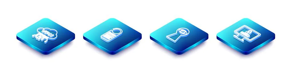Set Isometric line Cloud VPN interface, Please do not disturb, Keyhole with eye Stock Illustration