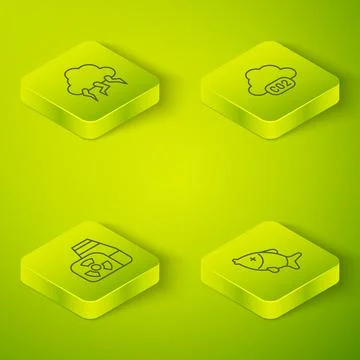 Set Isometric line CO2 emissions in cloud, Nuclear power plant, Dead fish and Ilustração Stock
