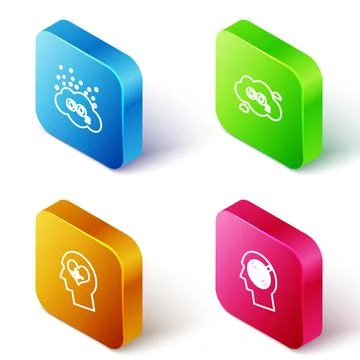 Set Isometric line CO2 emissions in cloud, , Head with heartbeat and hunting Stock Illustration