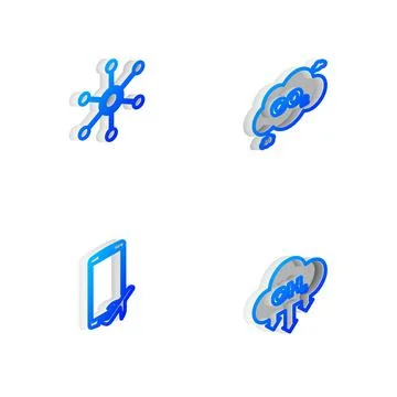 Set Isometric line CO2 emissions in cloud, Network, Flight mode the mobile and Stock Illustration