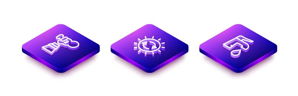 Set Isometric line CO2 emissions in cloud, Solar energy panel and Water tap icon Stock Illustration