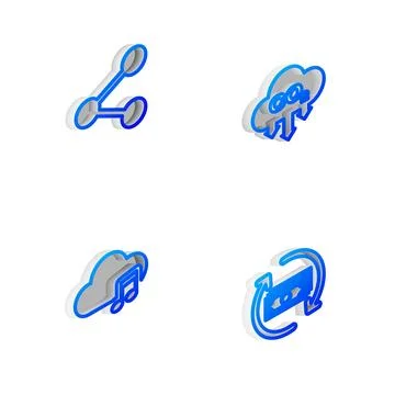 Set Isometric line CO2 emissions in cloud, Share, Music streaming service and Stockillustratie