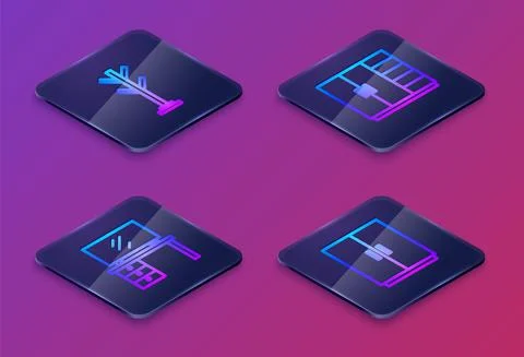 Set Isometric line Coat stand, TV table, Wardrobe and . Blue square button イラスト素材