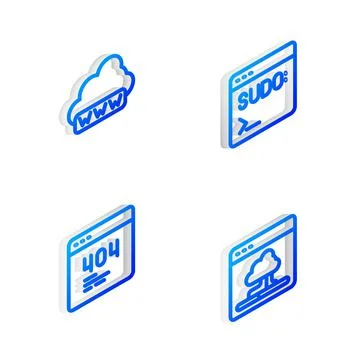 Set Isometric line Code terminal, Web development, Page with 404 error and Cloud Stock Illustration