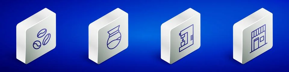 Set Isometric line Coffee beans, Pour over coffee maker, machine and shop icon Ilustração Stock