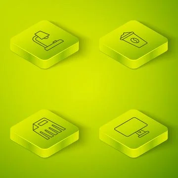 Set Isometric line Coffee cup to go, Paper shredder, Computer monitor and Table Illustrazione stock