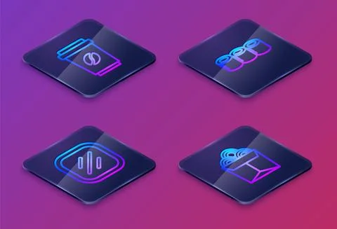 Set Isometric line Coffee cup to go, Steak meat, Sushi and Noodles in box. Blue Stock Illustration