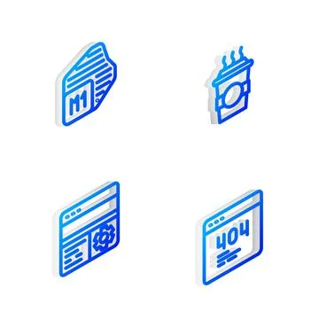 Set Isometric line Coffee cup to go, Processor, Debugging and Page with a 404 Stock Illustration