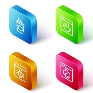 Set Isometric line Coffee cup to go, Software, System bug and Python progra.. Illustrazione stock