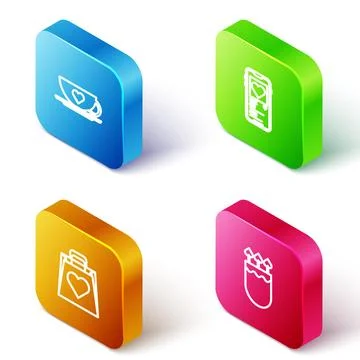 Set Isometric line Coffee cup and heart, Mobile with, Shopping bag and Quiver Stock Illustration