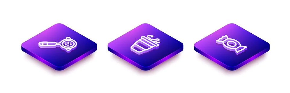 Set Isometric line Coffee filter holder, cup to go and Candy icon. Vector Illustration
