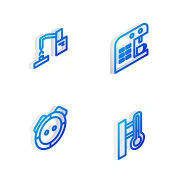 Set Isometric line Coffee machine, Robotic robot arm hand factory, vacuum Illustrazione stock