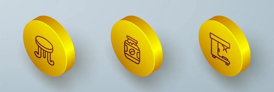 Set Isometric line Coffee table, jar bottle and machine icon. Vector Stock Illustration